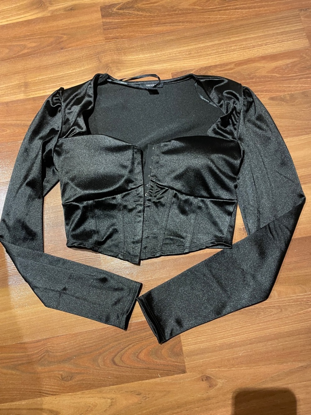 NWOT Forever 21 Black Satin Corset-Style Long Sleeve Crop Top